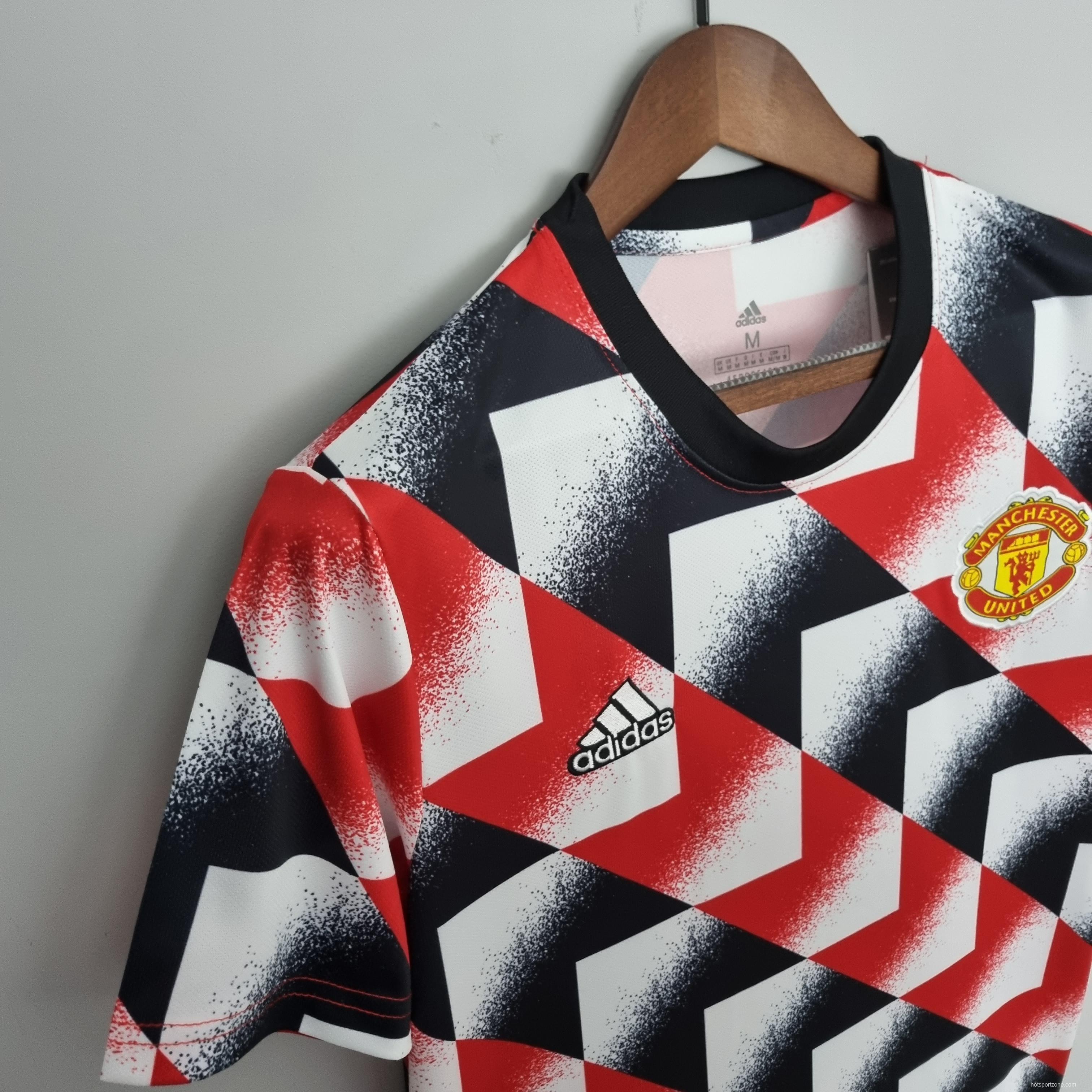 22/23 Manchester United Training Suit Red White Black Geometric Pattern Soccer Jersey