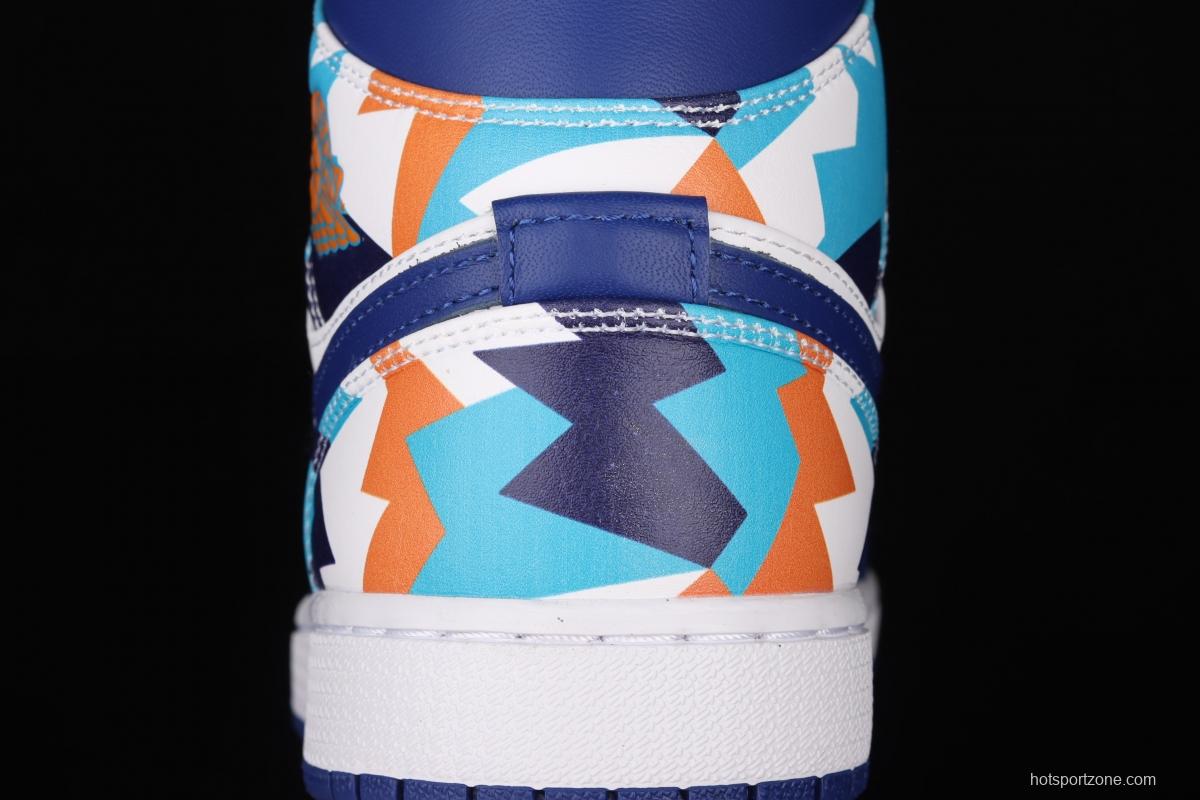 Air Jordan 1 Mid geometrical white and blue Zhongbang basketball shoes 555112-105