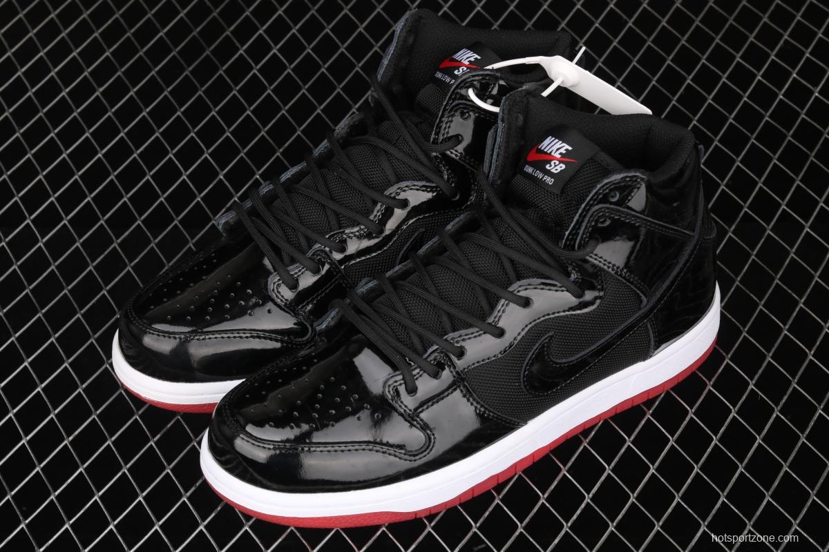 NIKE SB DUNK High Premium lacquered leather black and red high top casual skateboard shoes AJ7730-001