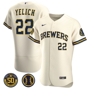 Men's Christian Yelich Cream Home 2020 Authentic 50th Anniversary and Home Patch Player Team Jersey