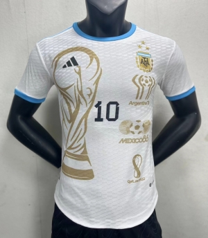 Player Version 3 Stars Argentina White Training Jersey With Number 10 Printing