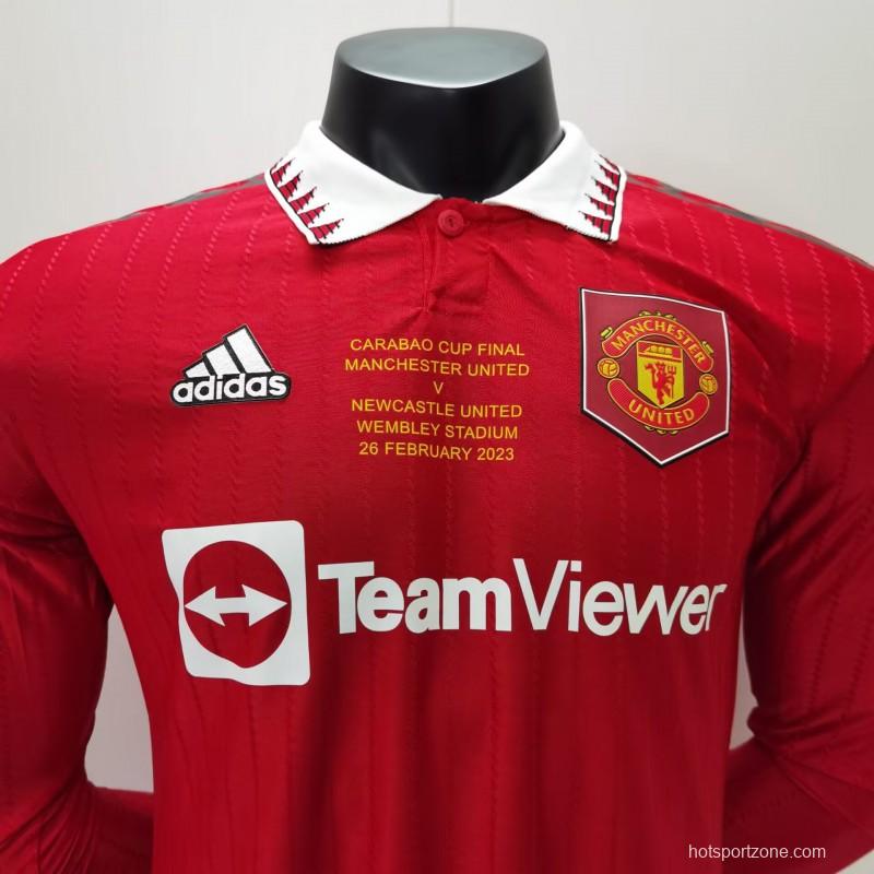 Player Version 22/23 Manchester United Home Long Sleeve Carabao Cup Final Jersey With Full Patch