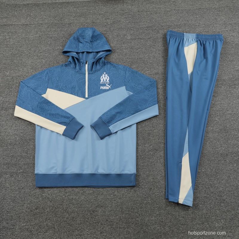 23/24 Olympique Marseille Blue Half Zipper Hoodie Jacket +Pants