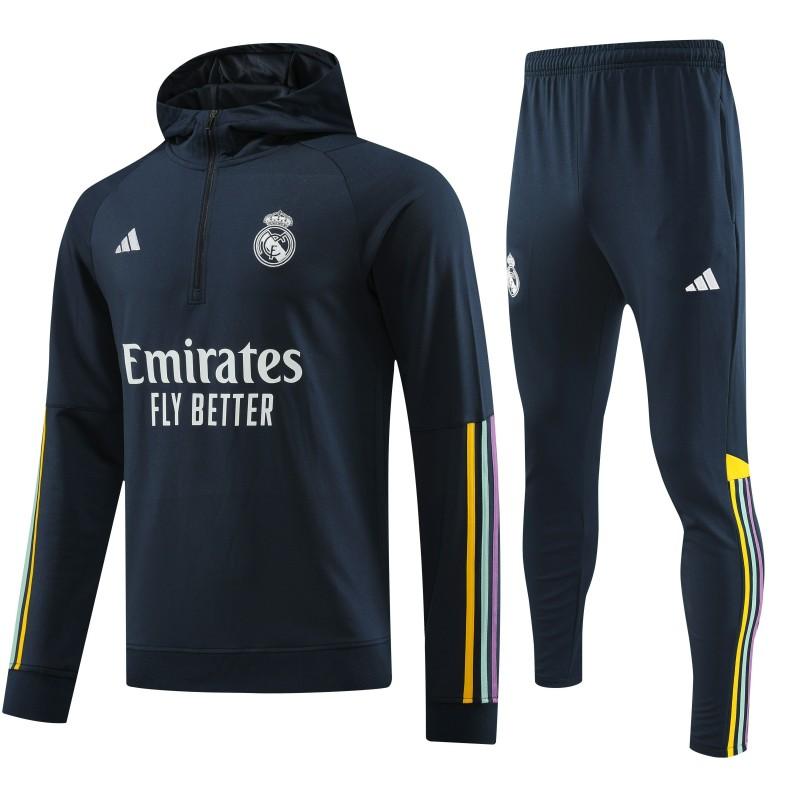 23/24 Real Madrid Navy Hoodie Half Zipper Jacket+ Pants