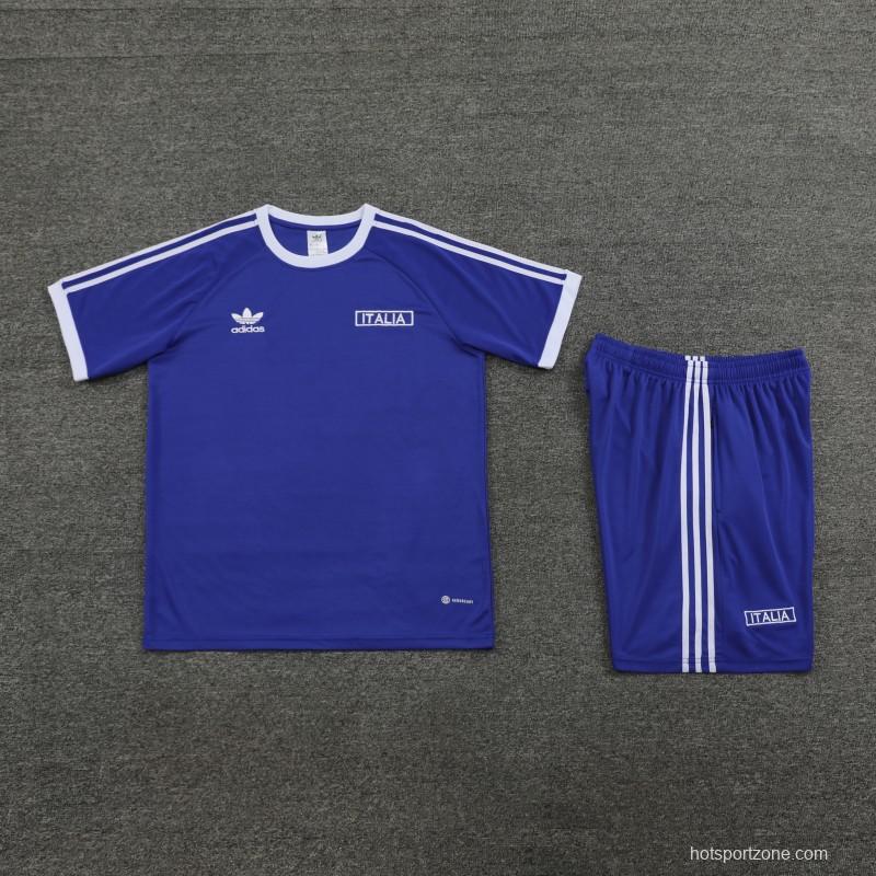 2024 Italy Blue Cotton Short Sleeve Jersey+Shorts