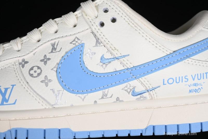 Nike SB Dunk Low LV Collaboration - Beige Blue Double Swoosh Print Anniversary Custom Low-Top Casual Sneakers - CF3688-005