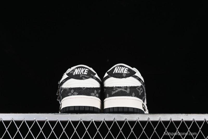 Nike SB Dunk Low LV Collaboration - Black Denim Off-White Black Swoosh Anniversary Custom Low-Top Casual Skate Shoes - DJ2024-009