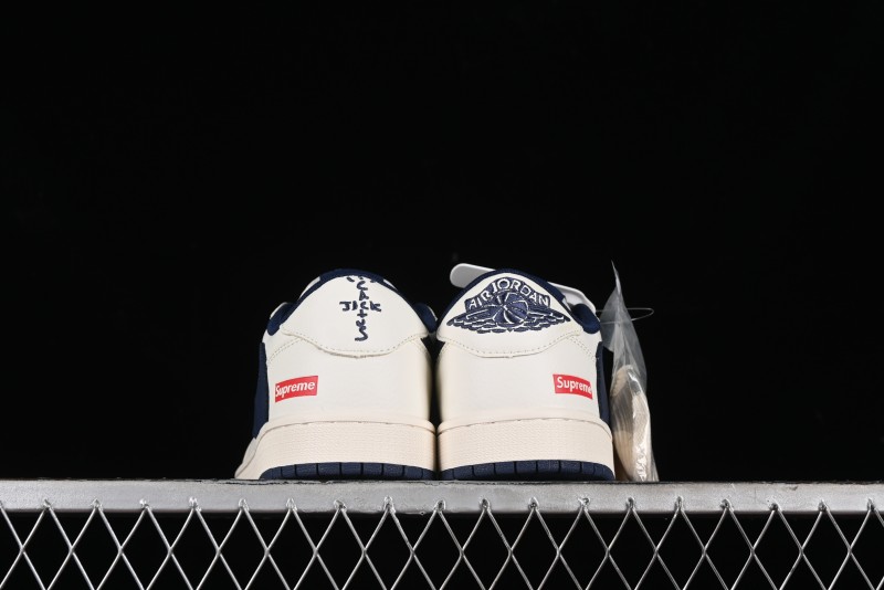 Nike Travis Scott x Fragment Design x Air Jordan 1 Low OG SP AJ1 Supreme Collaboration - White Navy Blue Low Top Casual Sneakers - XZ116