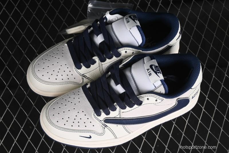 Nike Travis Scott x Fragment Design x Air Jordan 1 Low OG SP AJ1 Supreme Collaboration - Dark Blue Swoosh Low-Top Casual Sneakers - XZ2268-001