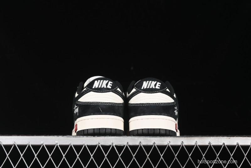Nike SB Dunk Low Supreme x Stussy Triple Collaboration - Black White Black Swoosh Anniversary Custom Low Top Casual Skate Shoes - SJ2068-300