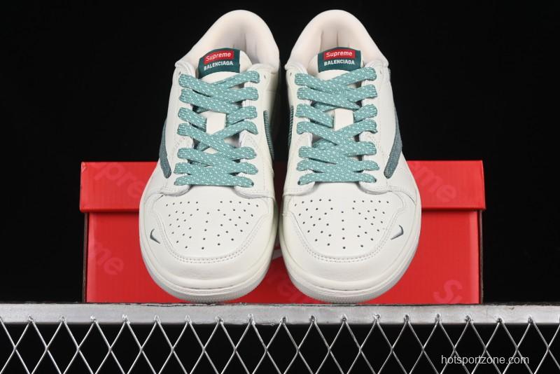 Nike Travis Scott x Fragment Design x Air Jordan 1 Low OG SP AJ1 Supreme Collaboration - Green Canvas Swoosh Low-Top Casual Sneakers - JH6088-706