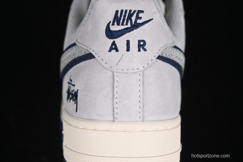 Nike Air Force 1 '07 Low Stussy Collaboration - Grey Pigskin Blue Sole Low-Top Casual Sneakers - XZ3318-028