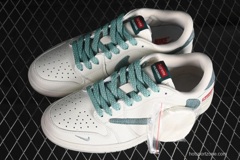 Nike Travis Scott x Fragment Design x Air Jordan 1 Low OG SP AJ1 Supreme Collaboration - Green Canvas Swoosh Low-Top Casual Sneakers - JH6088-706