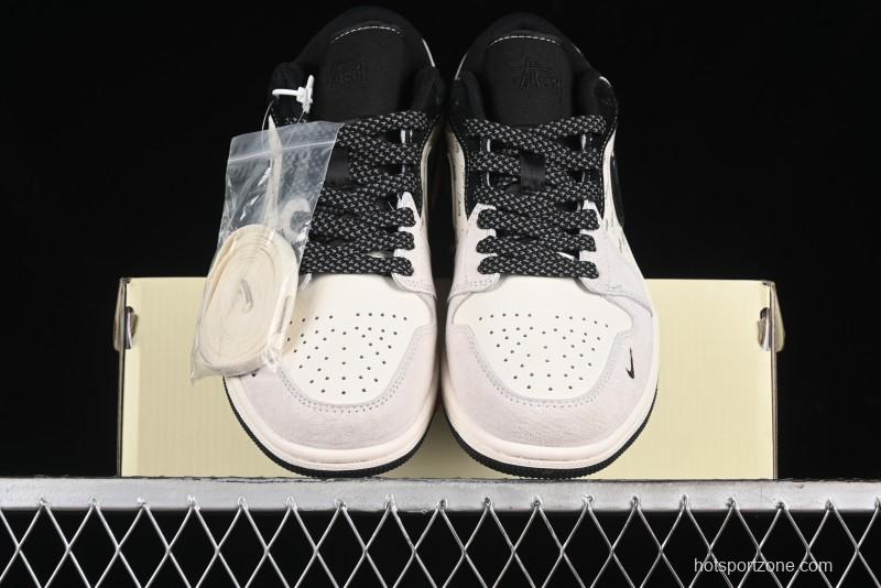Nike Air Jordan 1 Low Stussy Collaboration - Silver Trim Black Swoosh Retro Basketball Shoes - SJ9950-026