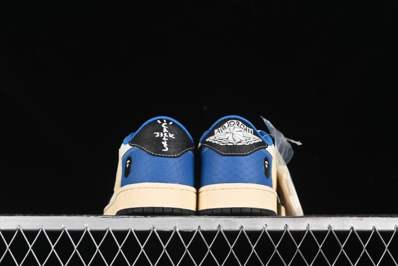Nike Travis Scott x Fragment Design x Air Jordan 1 Low OG SP AJ1 Bape Collaboration - Crocodile Leather Black White Blue Low Top Casual Sneakers - XZ2828-001