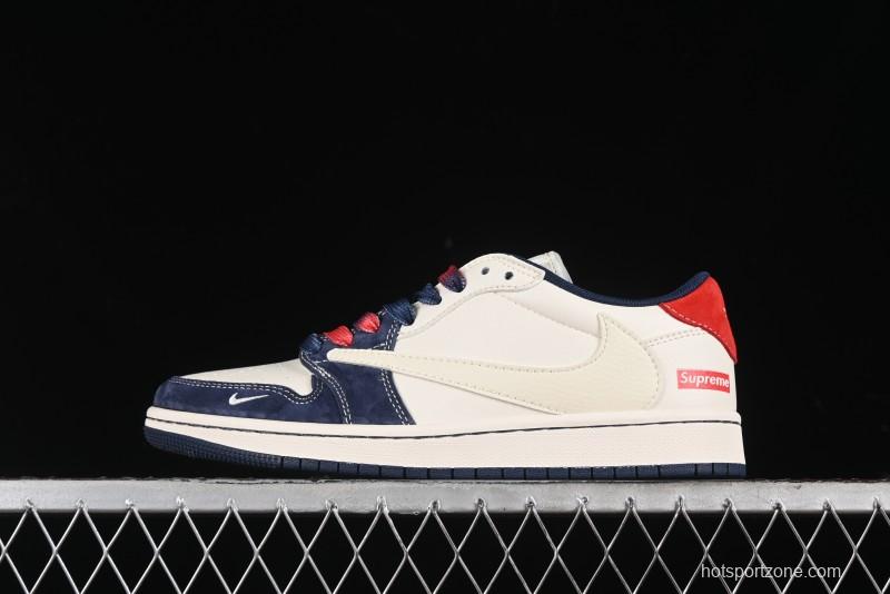 Nike Travis Scott x Fragment Design x Air Jordan 1 Low OG SP AJ1 Supreme Collaboration - Deep Blue Red Culture Casual Sneakers - XY2688-122