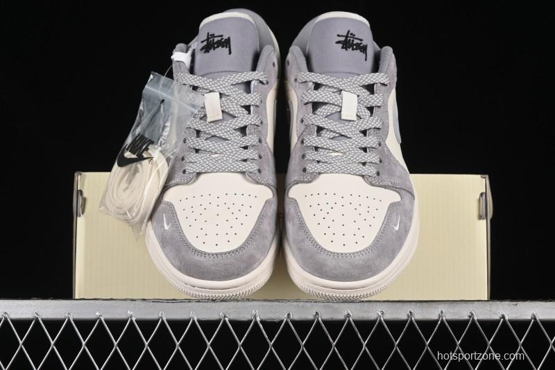 Nike Air Jordan 1 Low Stussy Collaboration - Light Bone Grey Dual-Tone Premium Custom Retro Basketball Shoes - SJ9950-045