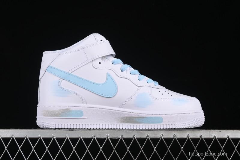 Nike Air Force 1 '07 Mid Light Blue Hand-Painted Cracked Three Stripes Shadow Mid-Top Casual Sneakers - CW2289-111