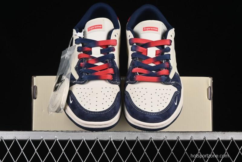 Nike Travis Scott x Fragment Design x Air Jordan 1 Low OG SP AJ1 Supreme Collaboration - Deep Blue Red Culture Casual Sneakers - XY2688-122