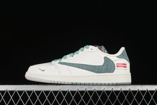 Nike Travis Scott x Fragment Design x Air Jordan 1 Low OG SP AJ1 Supreme Collaboration - Green Canvas Swoosh Low-Top Casual Sneakers - JH6088-706