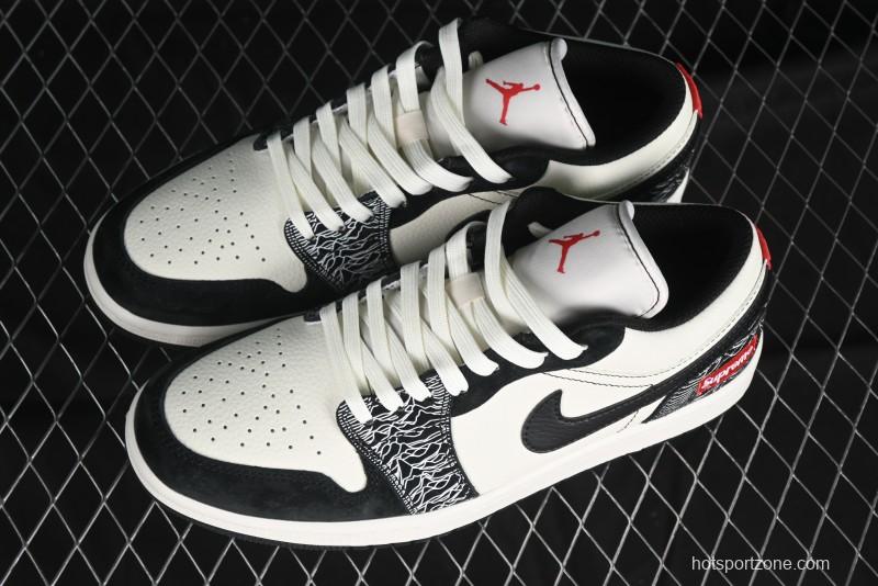 Nike Air Jordan 1 Low Supreme Collaboration - Black White Embossed Custom Retro Basketball Shoes DC2024-032