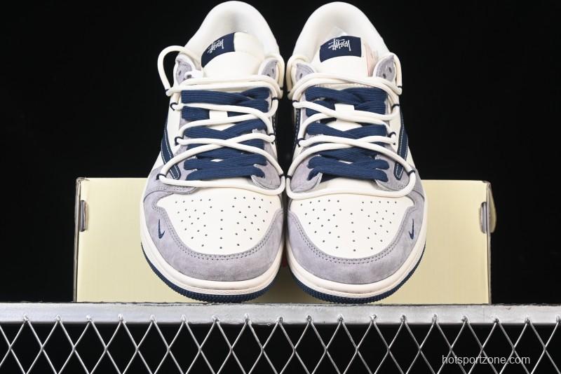 Nike Travis Scott x Fragment Design x Air Jordan 1 Low OG SP AJ1 Stussy Collaboration - Grey Blue Hook Lace Low Top Casual Sneakers - SJ0086-140