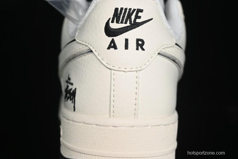 Nike Air Force 1 '07 Low Stussy Collaboration - Black Sail Silver Swoosh Casual Sneakers - XZ6188-729