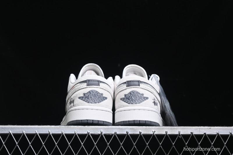 Nike Air Jordan 1 Low Stussy Collaboration - Grey Pigskin Black Base Retro Basketball Shoes - XX3318-968
