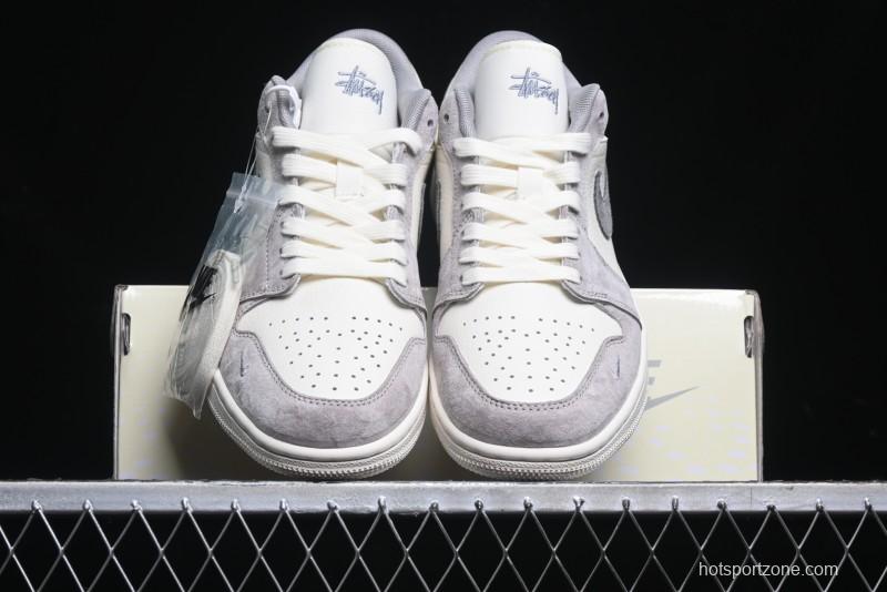 Nike Air Jordan 1 Low Stussy Collaboration - Grey White Dual-Tone Red Tag Retro Basketball Shoes - SJ9950-031