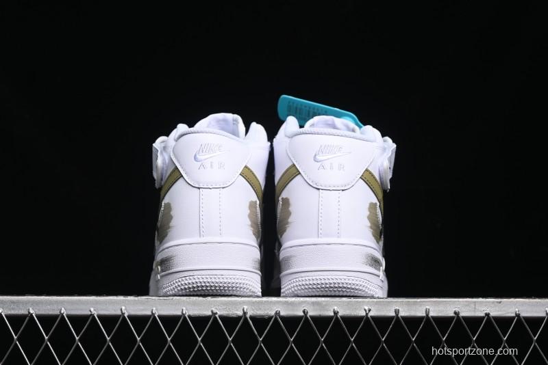 Nike Air Force 1 '07 Mid Hand-Painted Olive Green with Swoosh Shadow Strap Mid-Top Casual Sneakers - CW2289-111