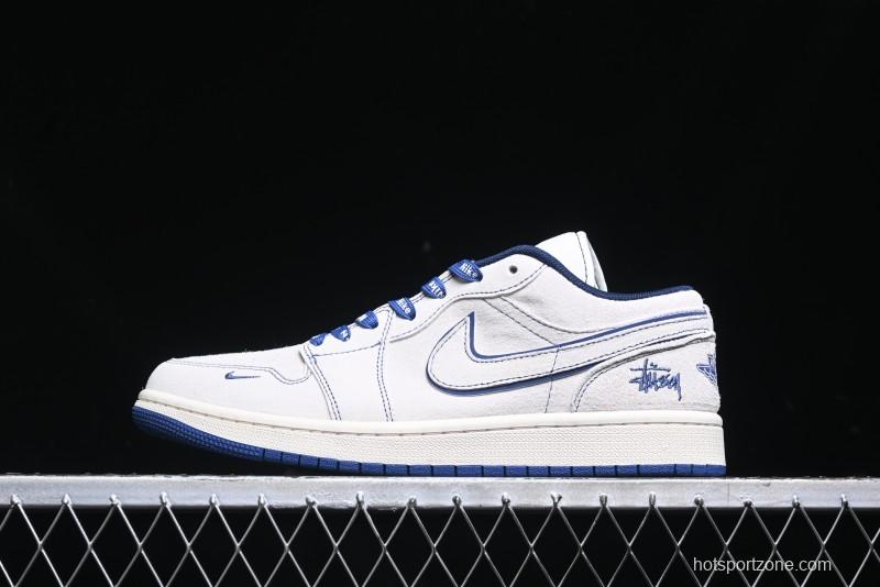 Nike Air Jordan 1 Low Stussy Collaboration - Premium Custom Retro Basketball Shoes with Blue-Grey Accents - DM9188-006