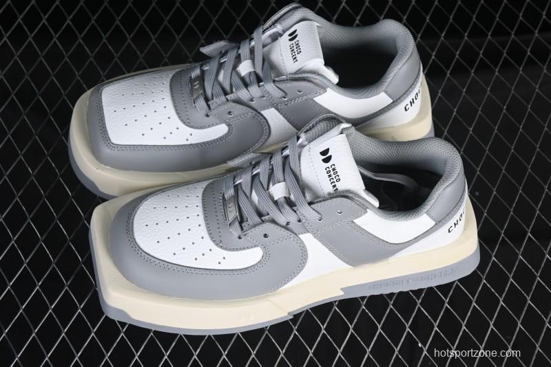 Choco Concert Leather Round Square Asymmetric Fashion Sneakers White Gray - AJE5