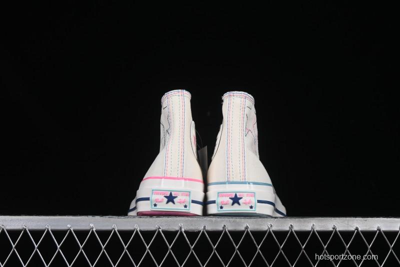 Converse Chuck 1970s High Top Casual Sneakers with Star Stitching and White-Pink-Blue Mismatched Design - A15744C