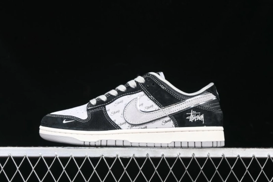 Nike SB Dunk Low Stussy Collaboration - Black Grey Pig Leather Anniversary Custom Edition Low-Top Casual Sneakers - XX3168-008