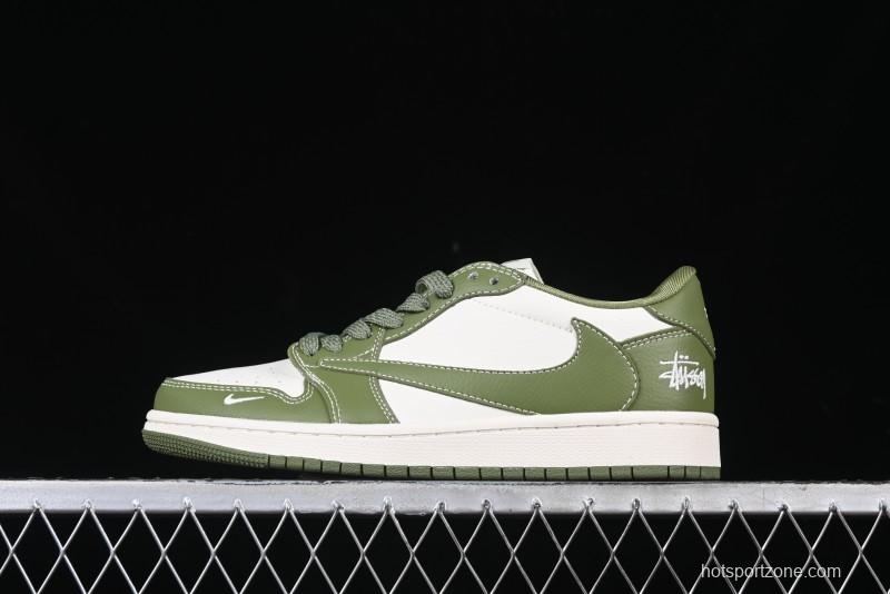 Nike Travis Scott x Fragment Design x Air Jordan 1 Low OG SP AJ1 Stussy Collaboration Bamboo Green Low-Top Casual Sneakers - BB1199-201