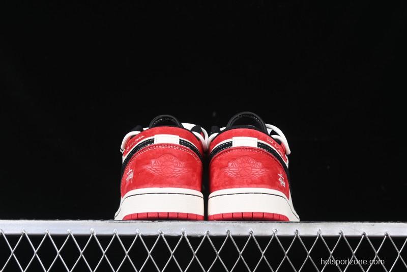 Nike Air Jordan 1 Low Stussy Collaboration - Black Red Custom High-End Retro Basketball Shoes - SJ9950-048