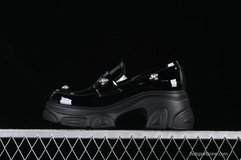 Black Patent Chunky Platform Loafers with Metal Embellishments