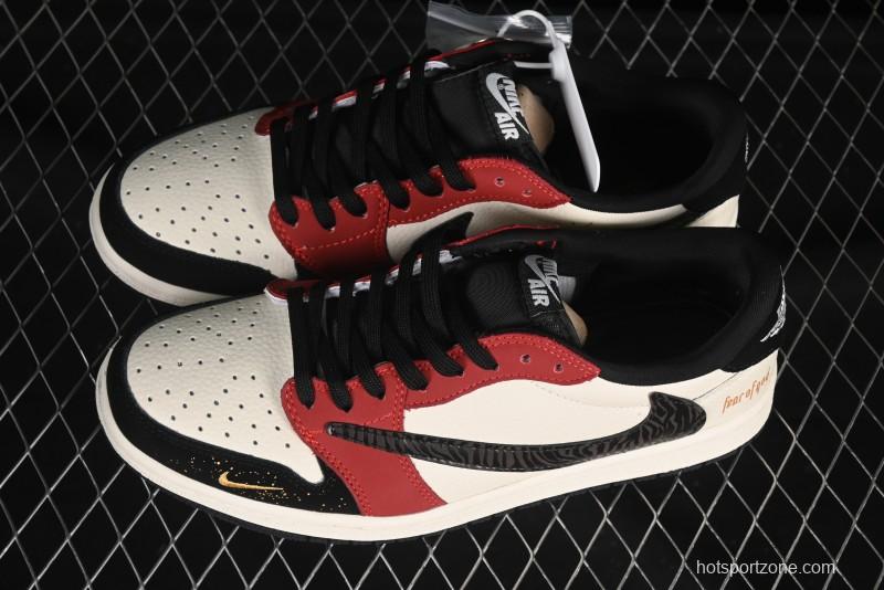 Nike Travis Scott x Fragment Design x Air Jordan 1 Low OG SP AJ1 FOG Collaboration Patchwork Burgundy Low-Top Casual Sneakers - LD2025-012
