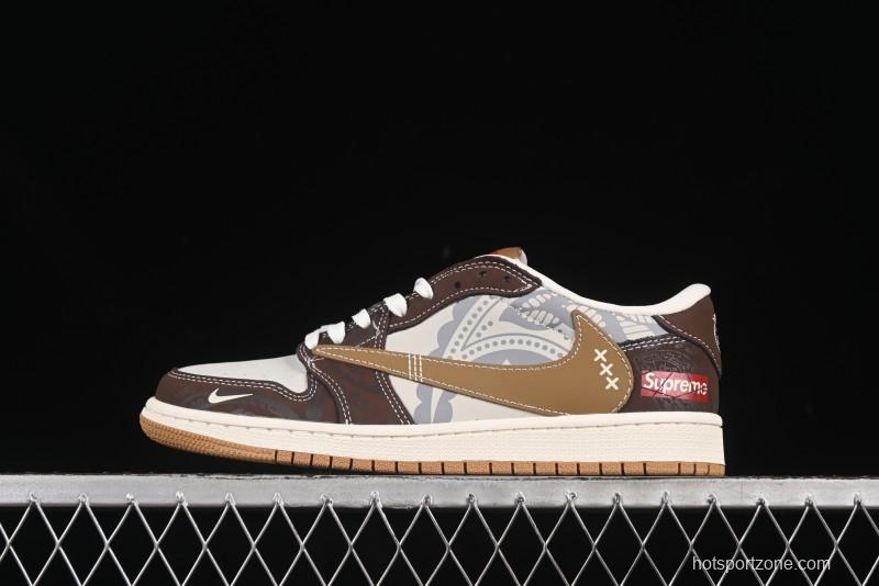 Nike Travis Scott x Fragment Design x Air Jordan 1 Low OG SP AJ1 Supreme Collaboration Brown Graffiti Low-Top Casual Sneakers - XS2024-055