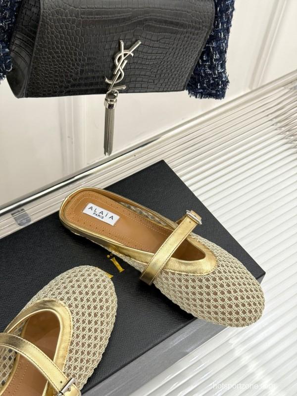 2025 Slippers AlAIA Gold Mesh Leather Slippers