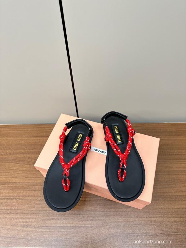 2025 Women Miu Miu Black Red Leather Sandals