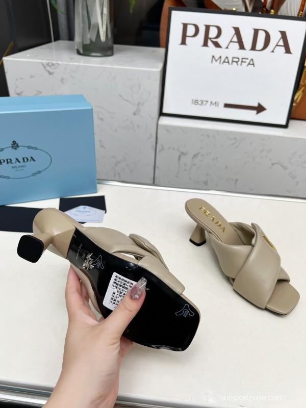 2025 Women Prada Beige Leather Mule Triangle Logo LY00270