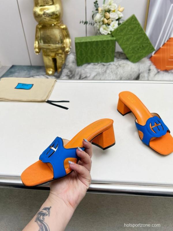 2025 Gucci Orange Blue Leather Slippers