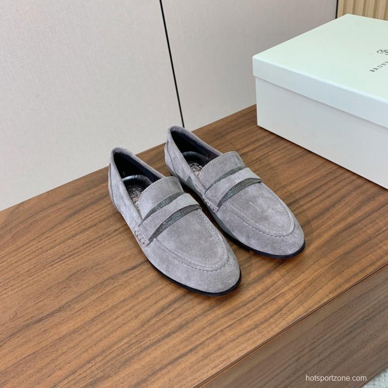 2025 Men Brunello Cucinelli Grey Suede Loafers Handcrafted Leather Sole KFY00300(M)