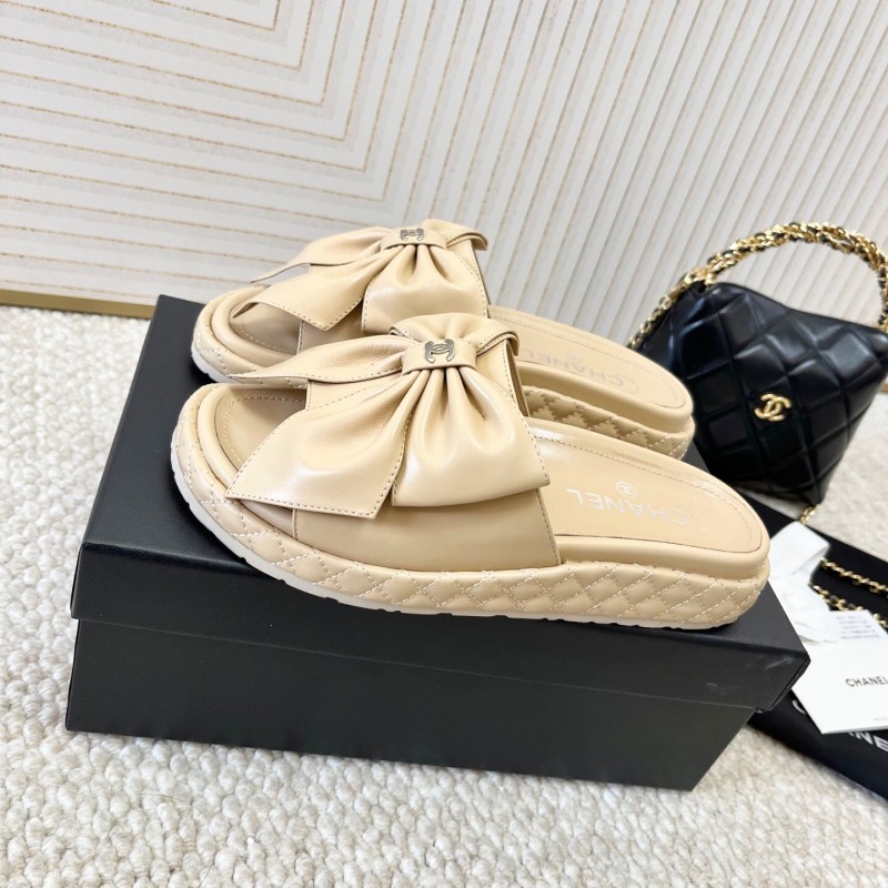2025 Women Chanel Beige Leather Slippers Bow KFY00310