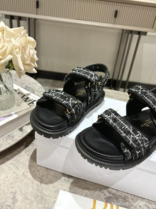 2025 Women Dior Black Fabric Leather Sandals KFY00300