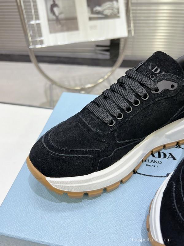 2025 Unisex Prada Black Suede Leather Sneakers KFY00310
