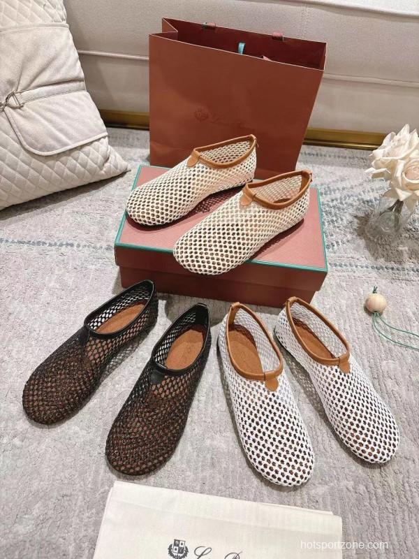 2025 Women LP White Brown Leather Mesh Ballet Flats