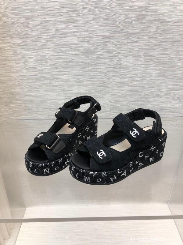 2025 Women Chanel Black Fabric Platform Sandals LY00330