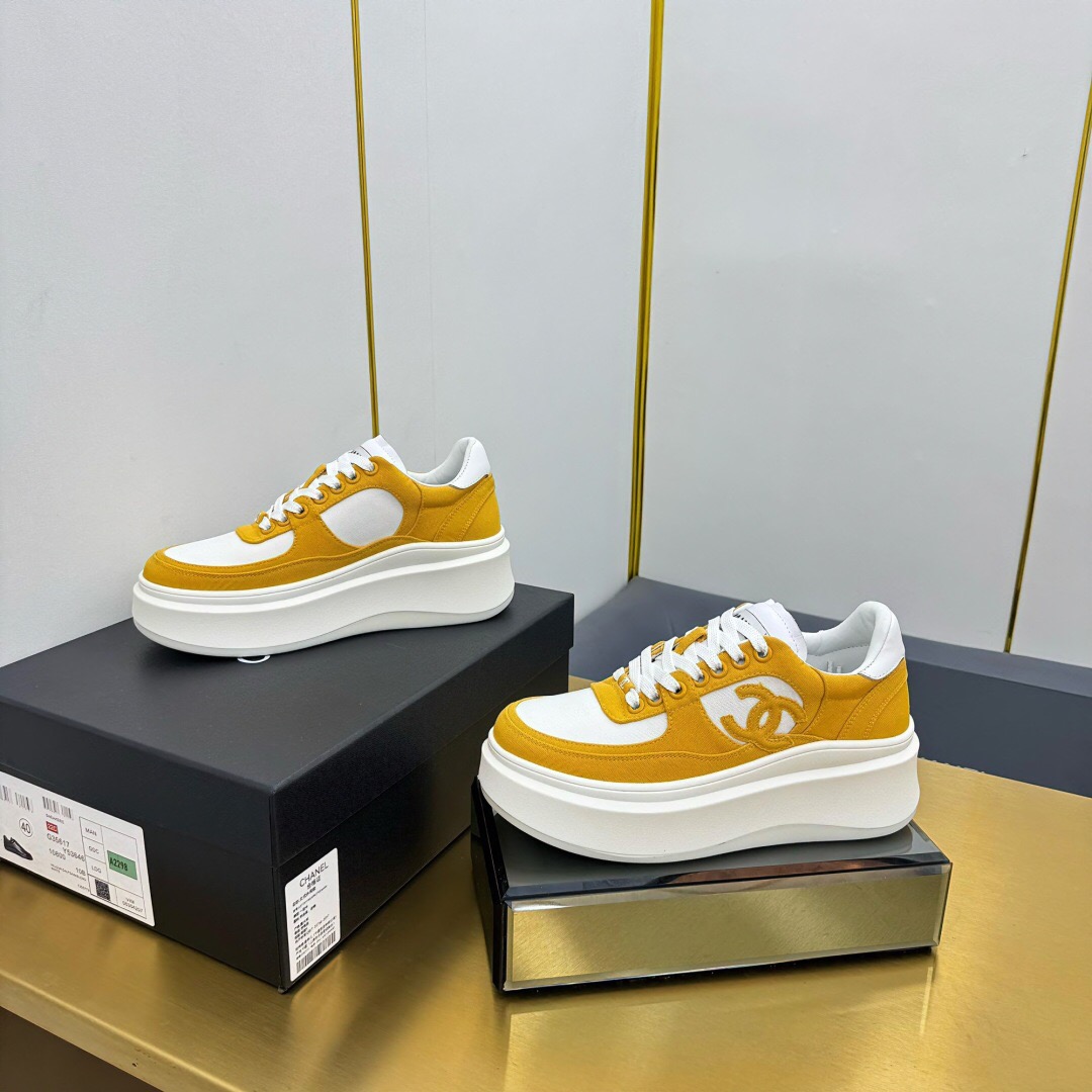 2025 Women Chanel Yellow White Canvas Leather Platform Sneakers